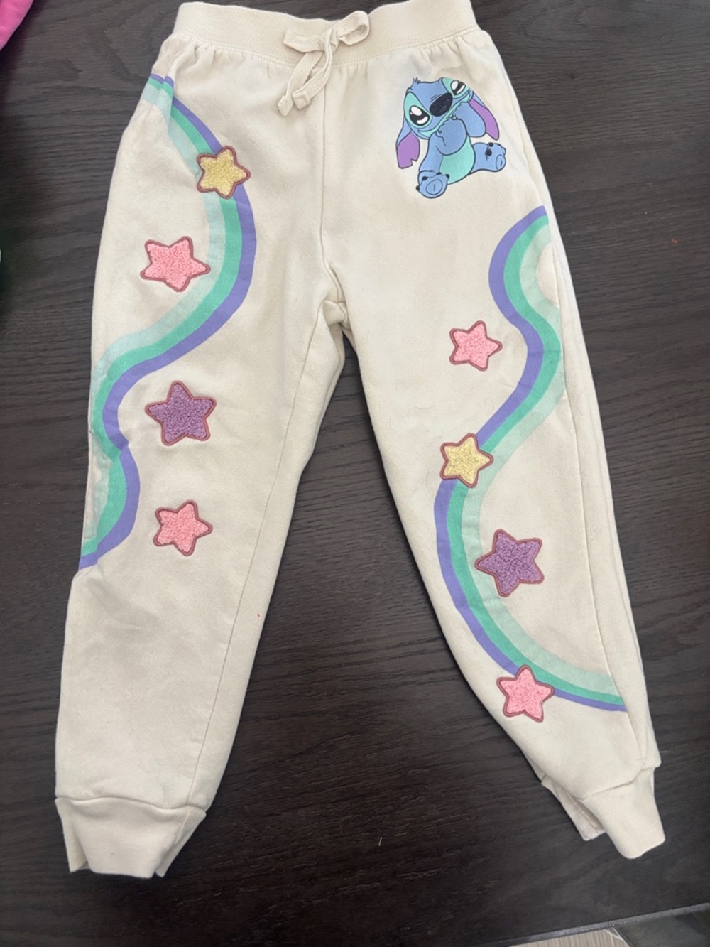 Girls' Cream Sweatpants with Pastel Stars and Stitch Graphic